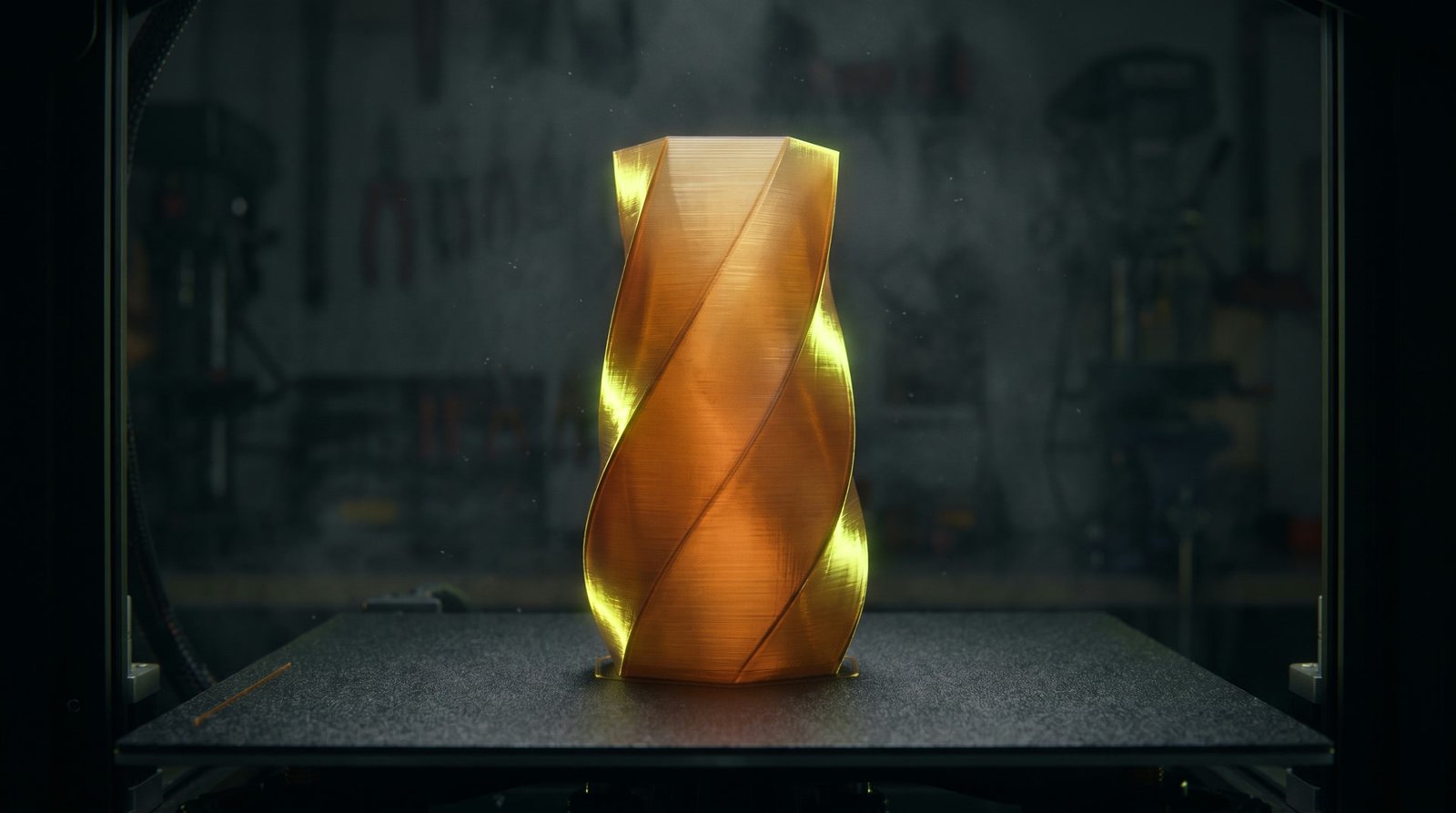 Peça impressa em 3D brilhando sobre a mesa da impressora