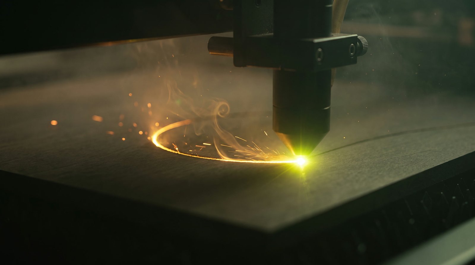 Laser cortando MDF com faíscas na oficina escura